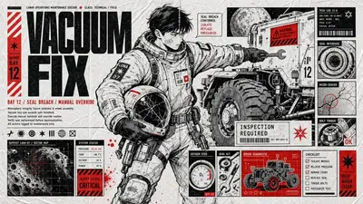 Modèle d'affiche façon manga type dossier d'action avec accent rouge et grille de fiches