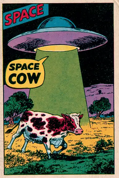 Retro 1980s comic cover of a flying saucer abducting a cow, 'space cow'