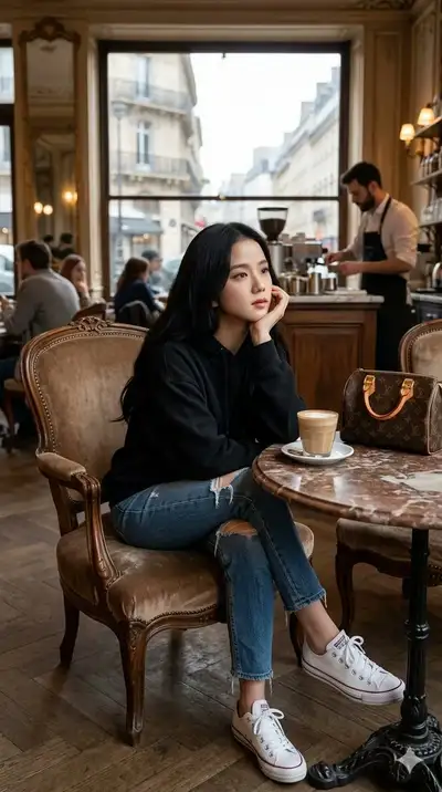 Vertikales redaktionelles Porträt einer Frau mit Latte und Handtasche in einem Café
