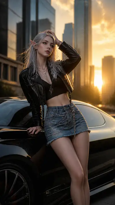 Dark elf streetwear fantasy portrait, sports car scene prompt