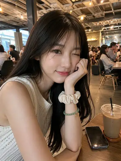 Ultra-realistic smartphone photo of Japanese woman in cafe