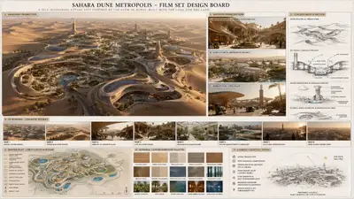 Überflug über die futuristische Wüstenstadt Sahara-Dünen-Metropole
