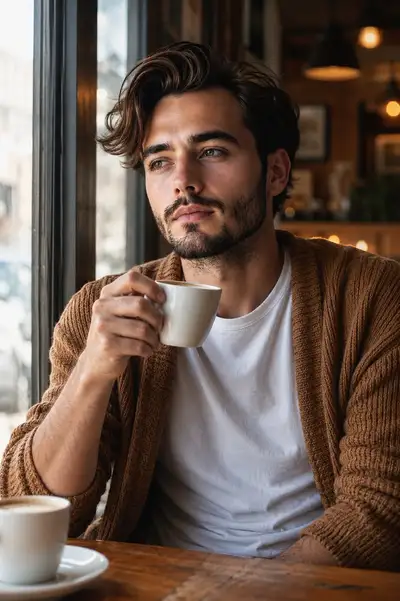 Warmes filmisches Caféporträt eines Mannes, der aus dem Fenster blickt