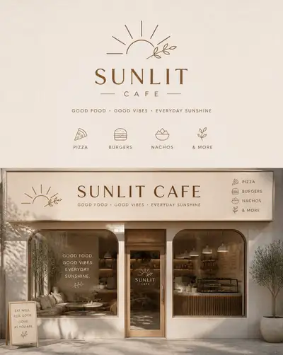 Minimalist logo and storefront hoarding design for Sunlit Cafe