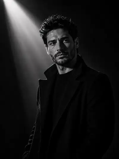 Cinematic black and white portrait with dramatic spotlight