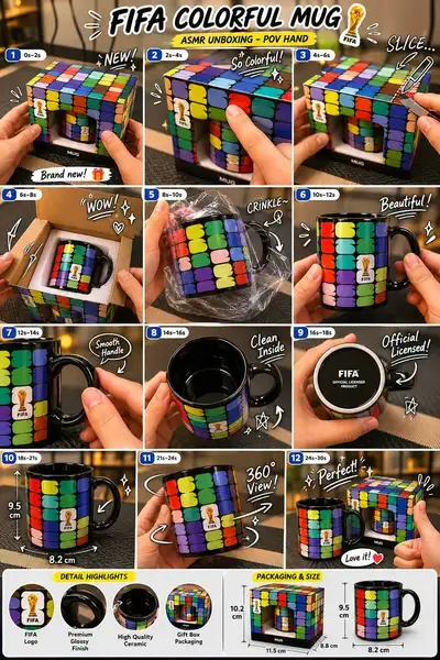 12-panel ASMR unboxing storyboard for a collectible mug