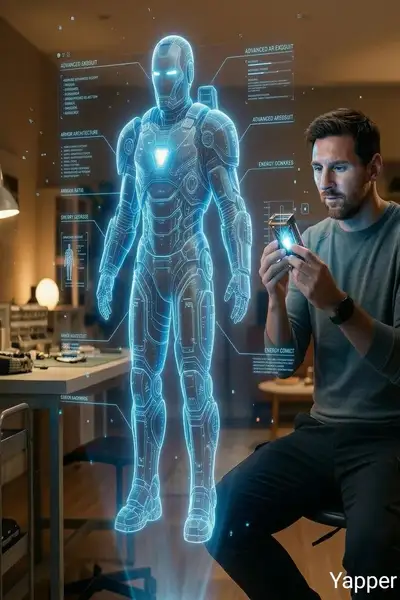 Futuristic Tech Engineer with Holographic Exosuit