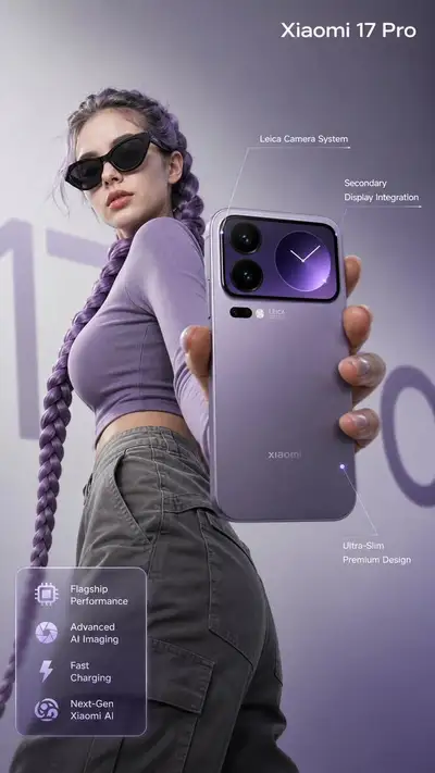 Xiaomi 17 Pro smartphone hero advertisement with UI overlays