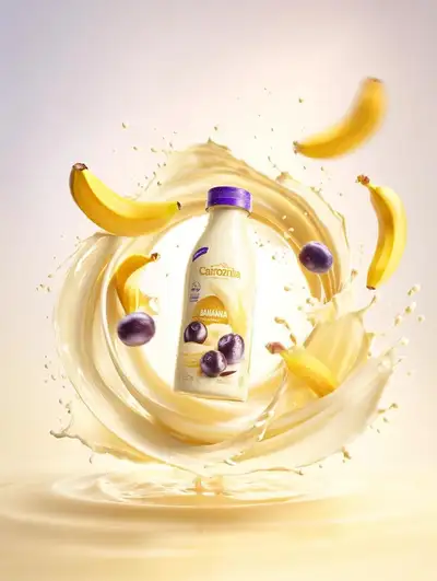 Splashing banana milk bottle commercial product shot