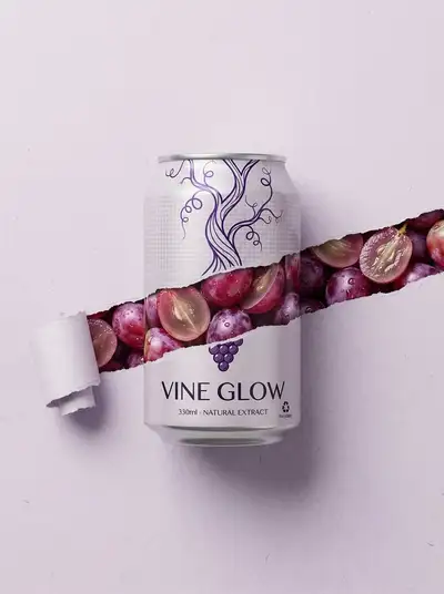 Grape energy can with a torn-paper reveal of fresh grapes