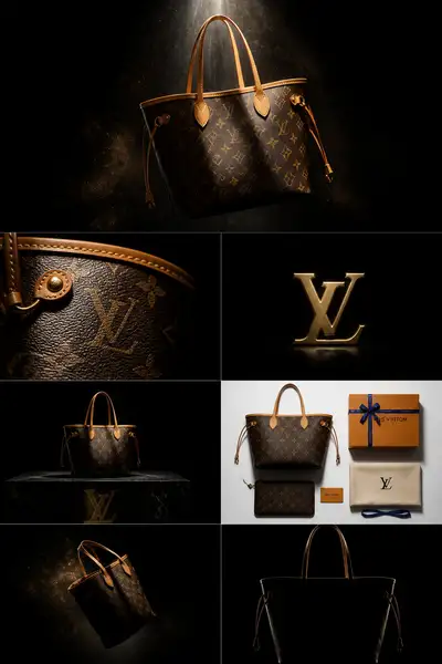 Luxury handbag editorial collage with seven cinematic panels