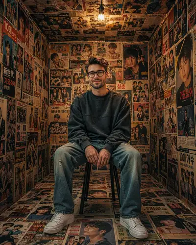 Cinematic Portrait in Korean Magazine-Covered Room