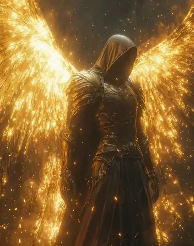 Mysterious Armored Figure with Glowing Wings