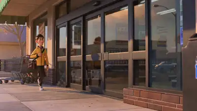 Cinematic Pixar-style comedy: courier vs. automatic door