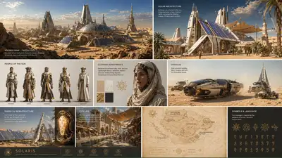 Visual worldbuilding set for a solar-powered desert civilization