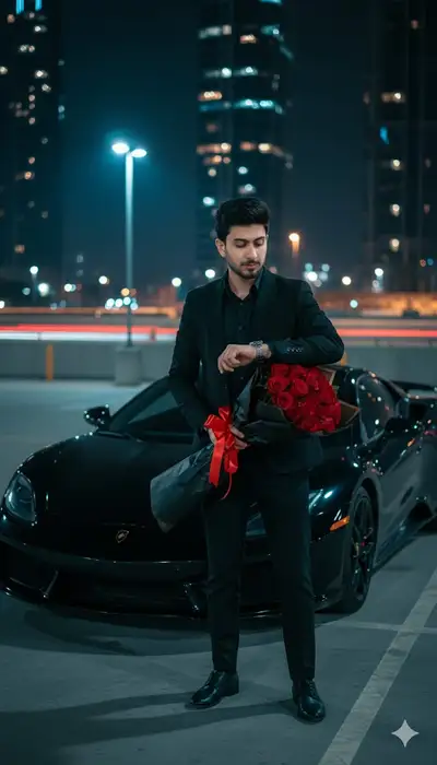 Retrato Nocturno Cinematográfico de Hombre Elegante con Rosas