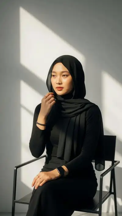 Retrato dramático com hijab e sombras geométricas marcantes
