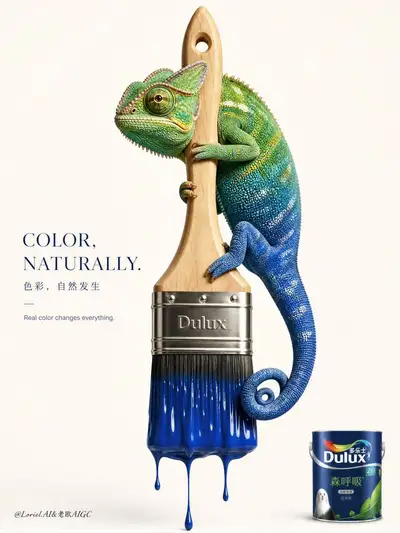 Dulux paint ad with a chameleon wrapped around a giant paintbrush