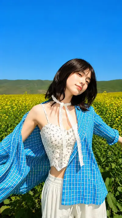 菜の花畑でのエディトリアルファッション写真