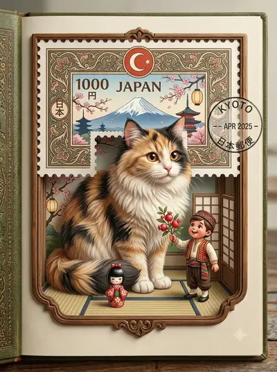 Giant Cute Animal Emerging from Vintage Postage Stamp