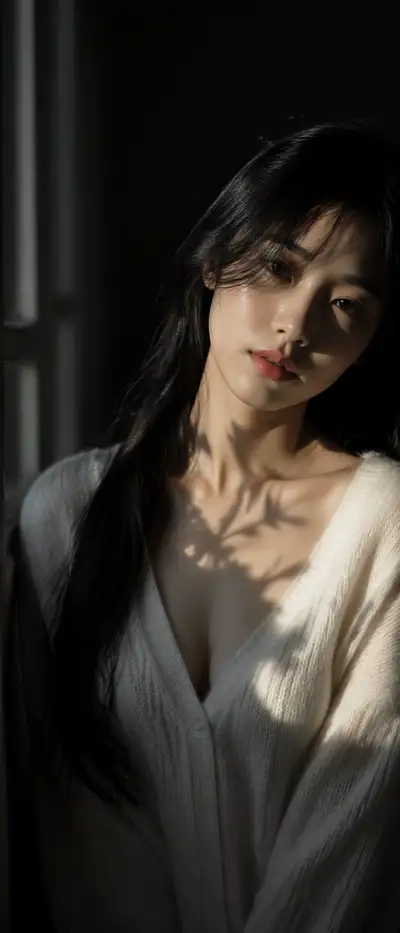 Cold-Toned Window Light Portrait in White Sweater