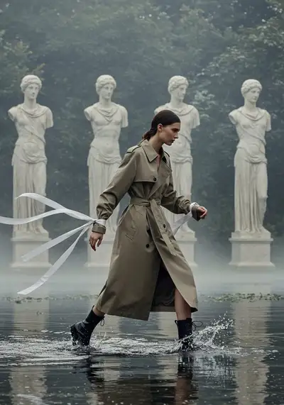 Model in Trench Coat Walking Through Water with Greek Statues