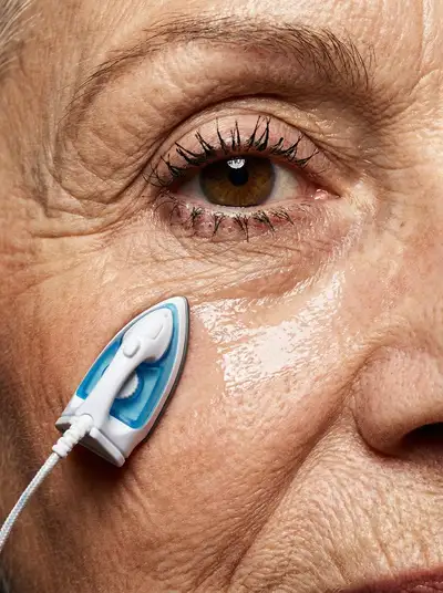 Photo macro satirique d'un fer à repasser lissant des rides, prompt JSON