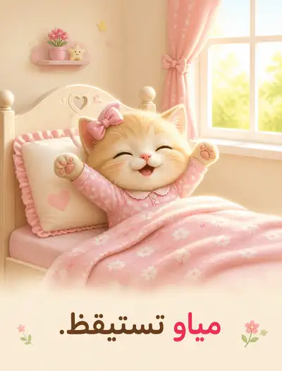Página de cuento infantil de un gatito despertando