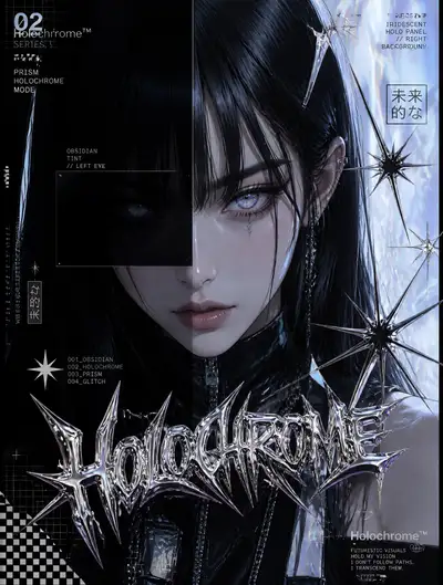 Holographic cyberpunk anime portrait in obsidian tones