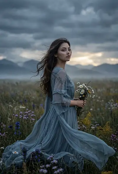 Portrait dark fantasy dans une prairie sous un ciel d'orage avec prompt négatif