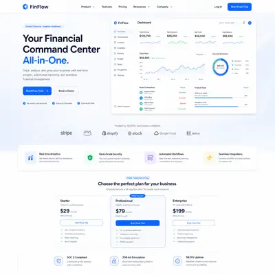 FinFlow finance dashboard SaaS landing page
