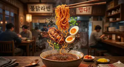 Photo publicitaire culinaire : ramen épicé déconstruit suspendu en l'air