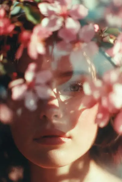 Portrait cinématique avec des fleurs roses
