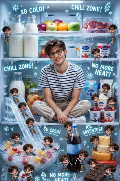 Junge in einer gefrorenen Kühlschrank-Wunderwelt mit winzigen Chibi-Klonen