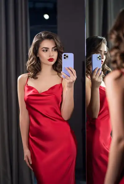 Red Satin Slip Dress Mirror Selfie Portrait