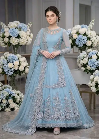 Elegant Sky-Blue Pakistani Maxi Gown Fashion Photo