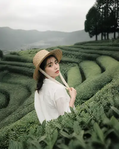 Portrait of woman walking through terraced tea fields