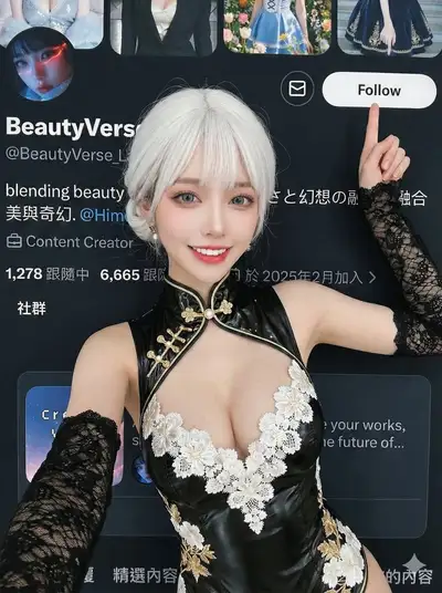 Composite selfie pose pointing toward follow button