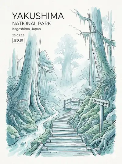 Minimalist Watercolor of Yakushima National Park
