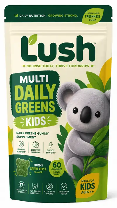 Design de embalagem de gomas verdes para crianças com mascote koala