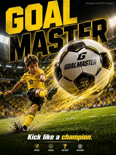 Pôster publicitário de futebol infantil com gráfico de bola gigante