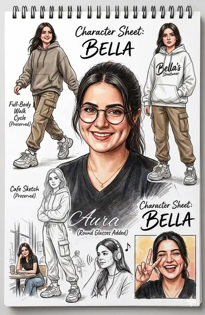 Hoja de diseño de personaje: collage de cuaderno de bocetos estilizado de una mujer moderna