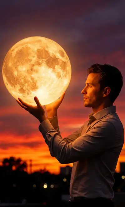 Cinematic Portrait Holding the Moon at Sunset