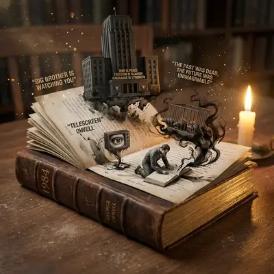 Cena de história surgindo de um livro aberto com capa de couro