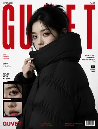 Bold Fashion Editorial Poster with Oversized Puffer Jacket