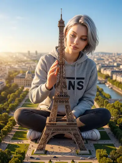 Titanic 600-meter woman gently touching the Eiffel Tower in Paris