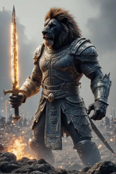 Majestueux Guerrier Lion avec Couteau Lumineux