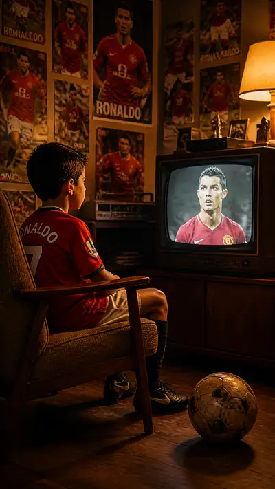 Young Ronaldo watching CRT TV nostalgia CGI prompt