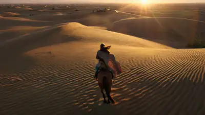 Aerial Tracking Shot Over Golden Sand Dunes