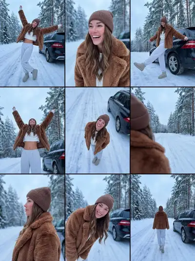 雪の森の道でのライフスタイルフォトダンプコラージュ